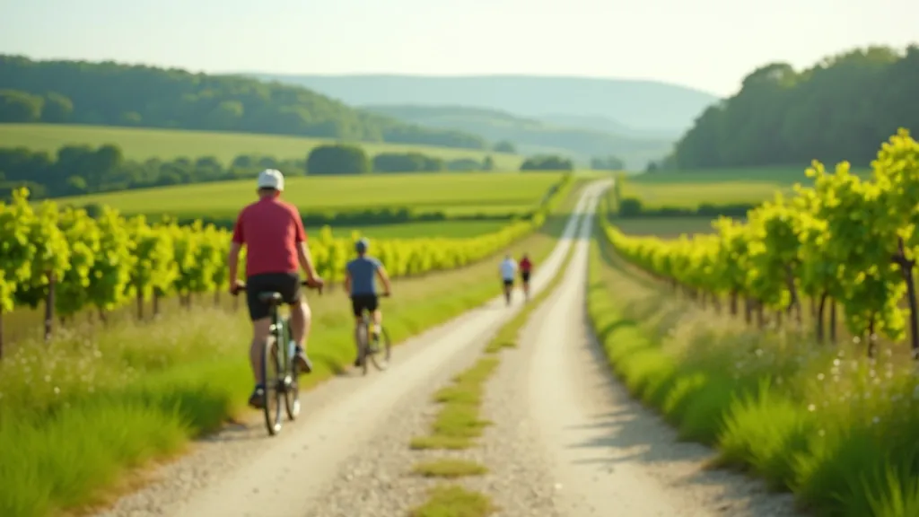 Krásná scenérie Labské stezky s vinicí v pozadí, řeka Labe a cyklista na cestě