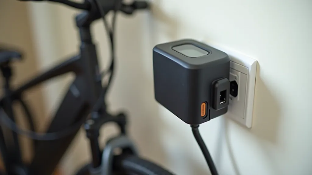 Baterie elektrokola v procesu nabíjení na zásuvce, baterie s indikátorem stavu nabití viditelná