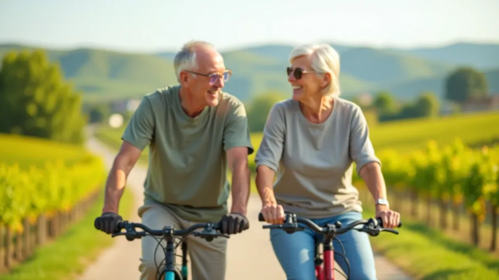 Seniorský pár na elektrokolech se usmívá